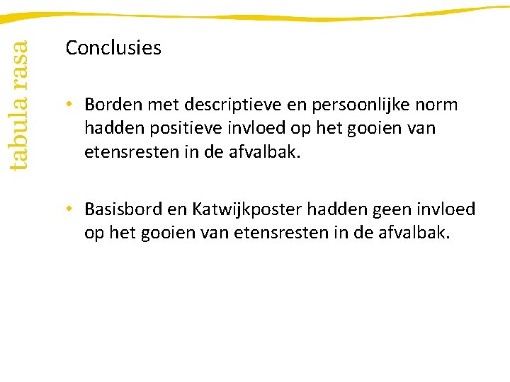 Conclusies • Borden met descriptieve en persoonlijke norm hadden positieve invloed op het gooien