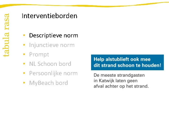 Interventieborden • • • Descriptieve norm Injunctieve norm Prompt NL Schoon bord Persoonlijke norm