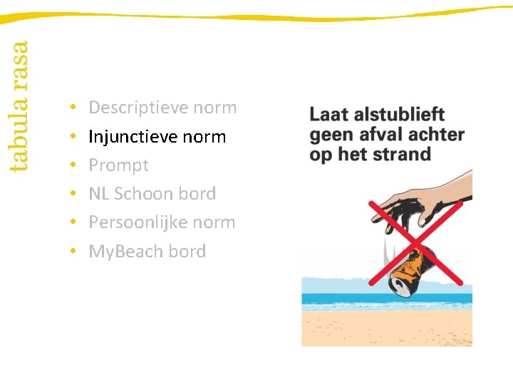  • • • Descriptieve norm Injunctieve norm Prompt NL Schoon bord Persoonlijke norm