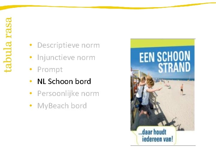  • • • Descriptieve norm Injunctieve norm Prompt NL Schoon bord Persoonlijke norm