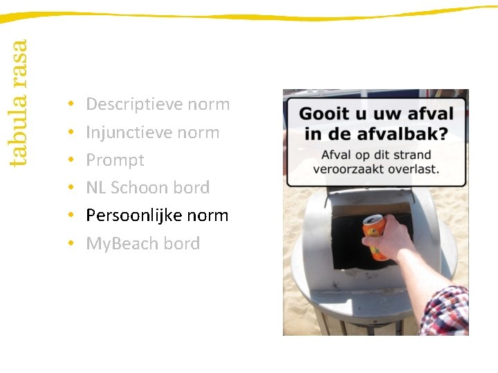  • • • Descriptieve norm Injunctieve norm Prompt NL Schoon bord Persoonlijke norm