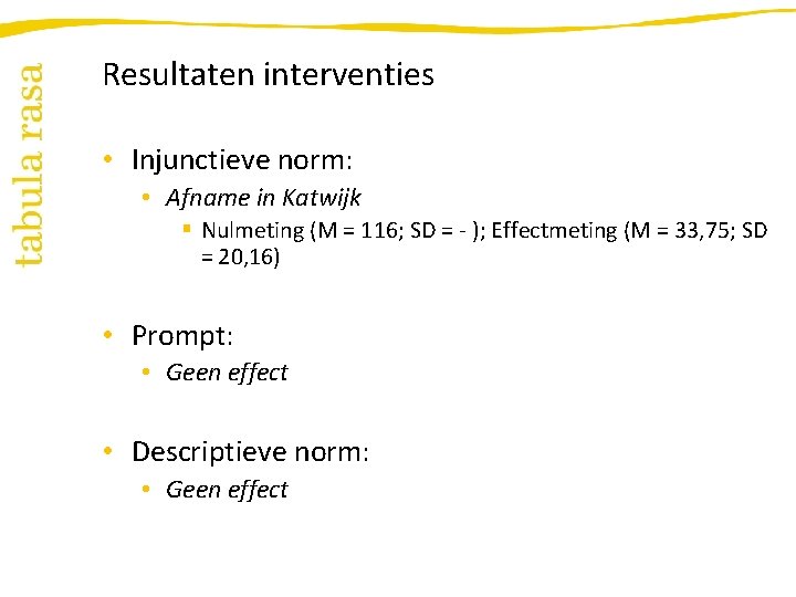 Resultaten interventies • Injunctieve norm: • Afname in Katwijk § Nulmeting (M = 116;