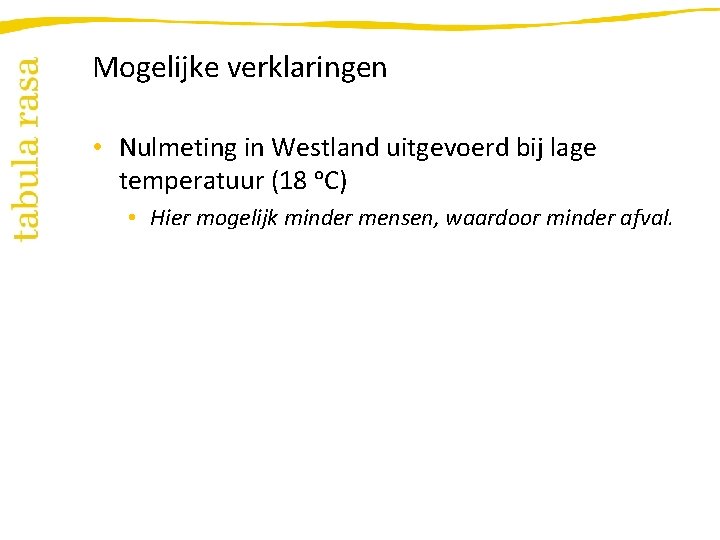 Mogelijke verklaringen • Nulmeting in Westland uitgevoerd bij lage temperatuur (18 ᵒC) • Hier