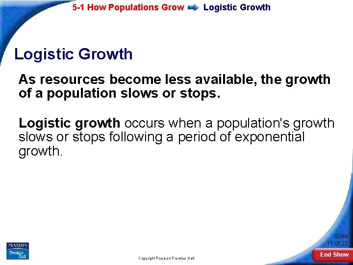 5 -1 How Populations Grow Logistic Growth As resources become less available, the growth