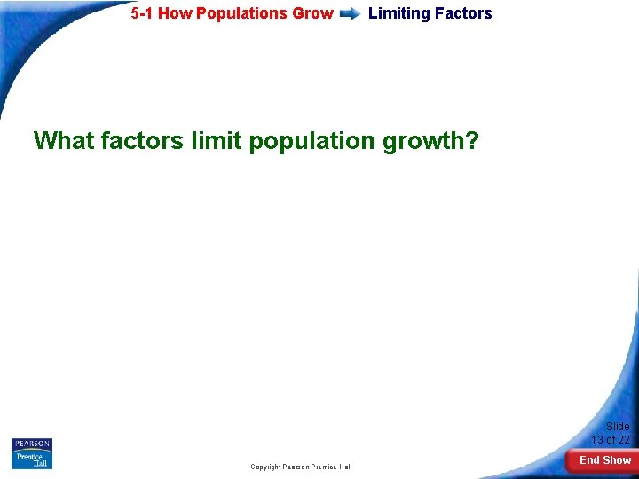 5 -1 How Populations Grow Limiting Factors What factors limit population growth? Slide 13