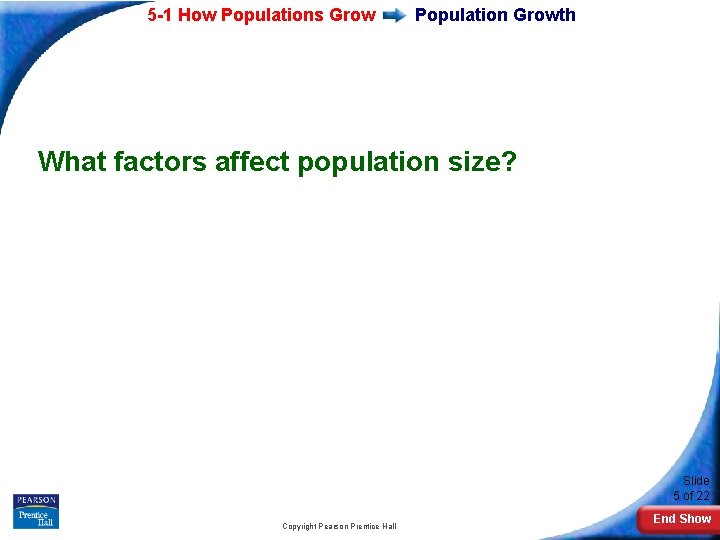 5 -1 How Populations Grow Population Growth What factors affect population size? Slide 5