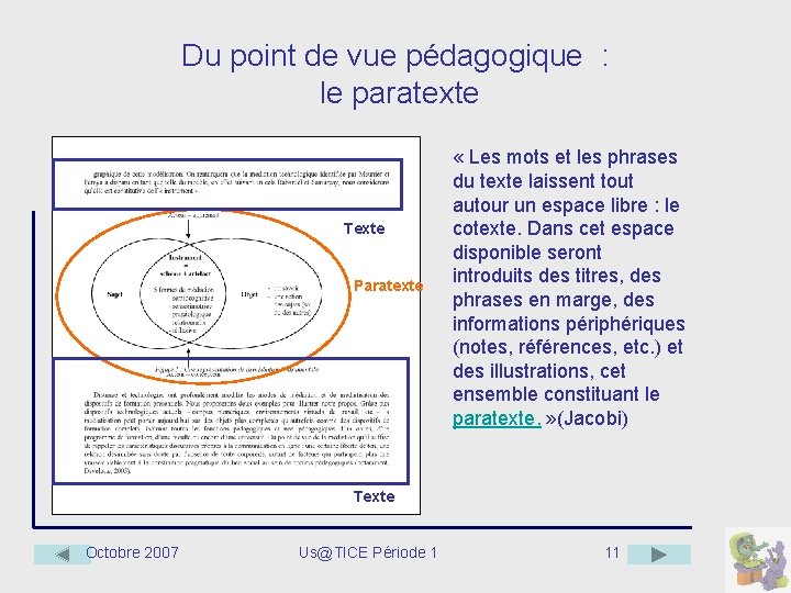 Du point de vue pédagogique : le paratexte Texte Paratexte « Les mots et