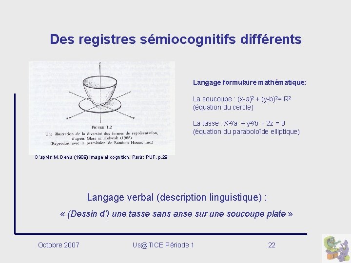 Des registres sémiocognitifs différents Langage formulaire mathématique: La soucoupe : (x-a)2 + (y-b)2= R