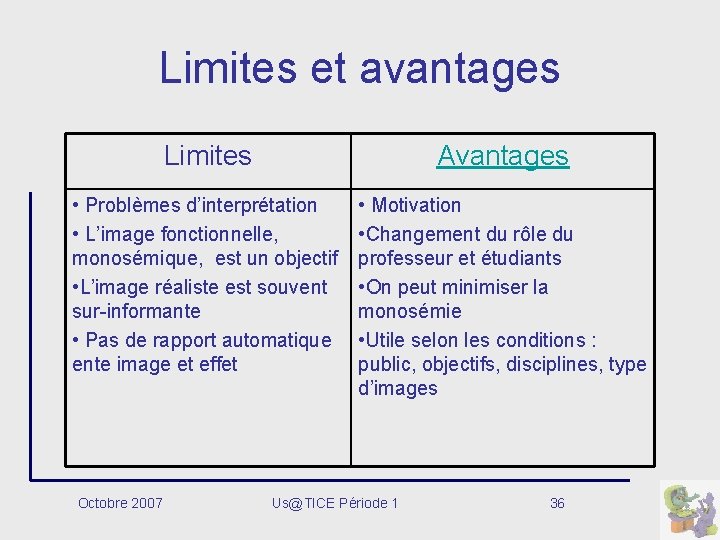 Limites et avantages Limites Avantages • Problèmes d’interprétation • L’image fonctionnelle, monosémique, est un