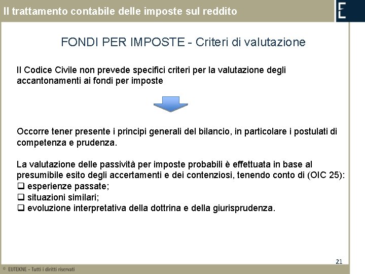 Il trattamento contabile delle imposte sul reddito FONDI PER IMPOSTE - Criteri di valutazione