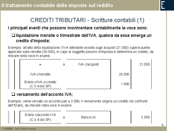Il trattamento contabile delle imposte sul reddito CREDITI TRIBUTARI - Scritture contabili (1) I