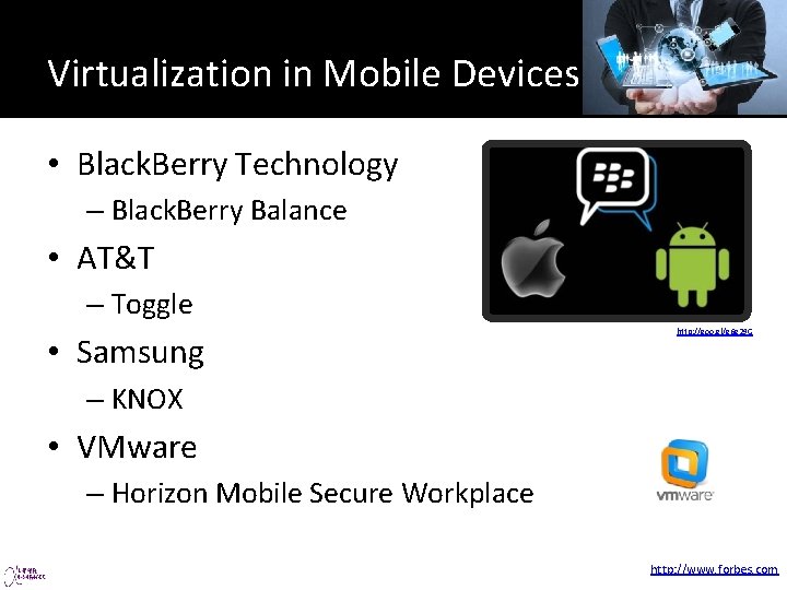 Virtualization in Mobile Devices • Black. Berry Technology – Black. Berry Balance • AT&T