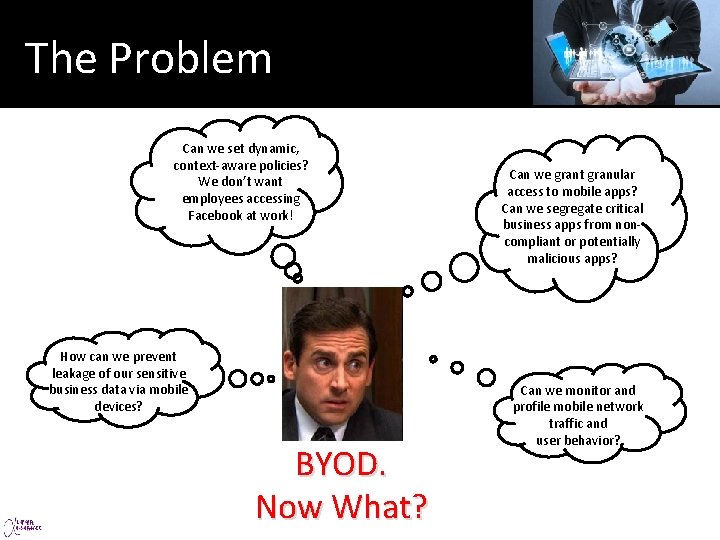 The Problem Can we set dynamic, context-aware policies? We don’t want employees accessing Facebook