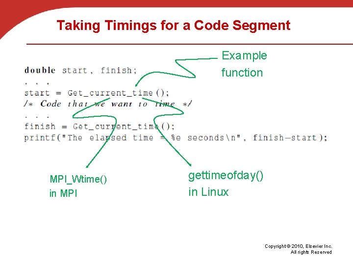 Taking Timings for a Code Segment Example function MPI_Wtime() in MPI gettimeofday() in Linux