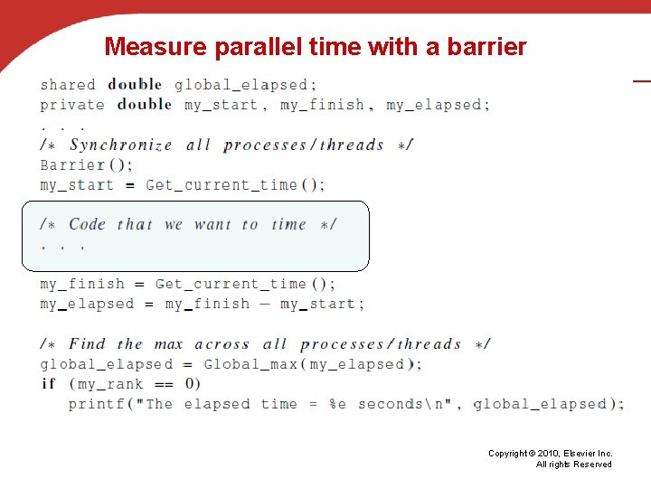 Measure parallel time with a barrier Copyright © 2010, Elsevier Inc. All rights Reserved