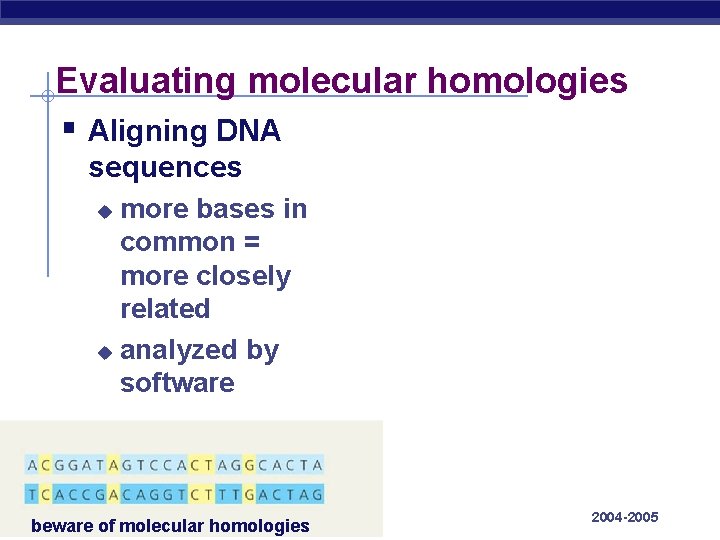 Evaluating molecular homologies § Aligning DNA sequences more bases in common = more closely