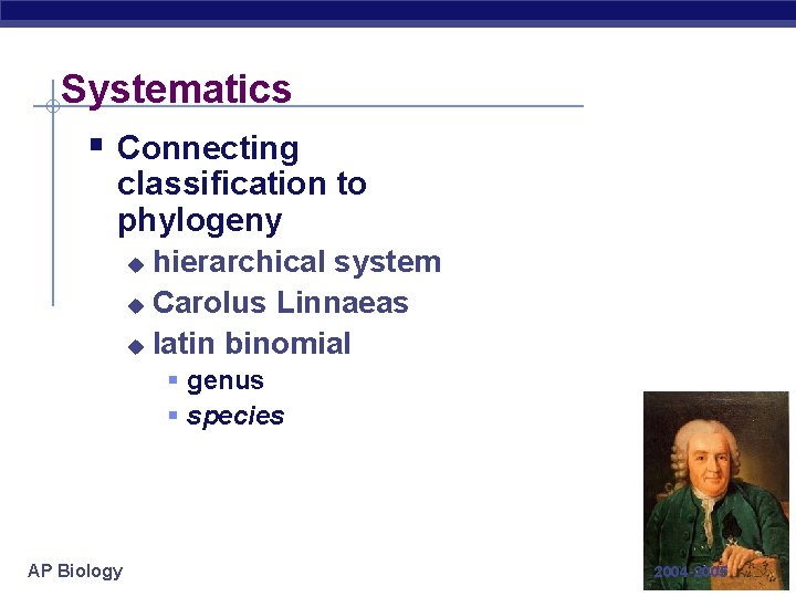 Systematics § Connecting classification to phylogeny hierarchical system u Carolus Linnaeas u latin binomial