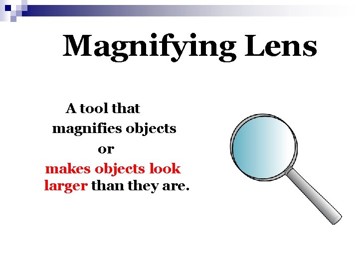 Magnifying Lens A tool that magnifies objects or makes objects look larger than they