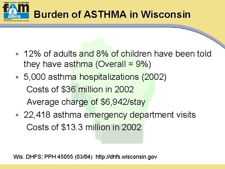 Burden of ASTHMA in Wisconsin 12% of adults and 8% of children have been