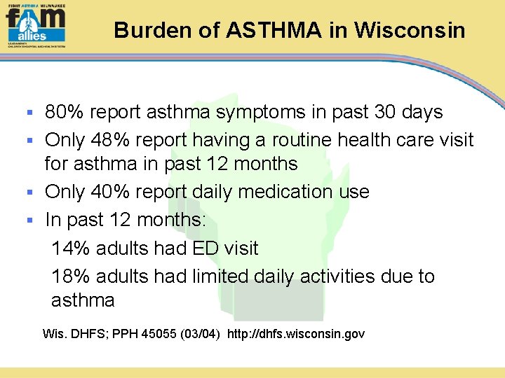 Burden of ASTHMA in Wisconsin 80% report asthma symptoms in past 30 days §
