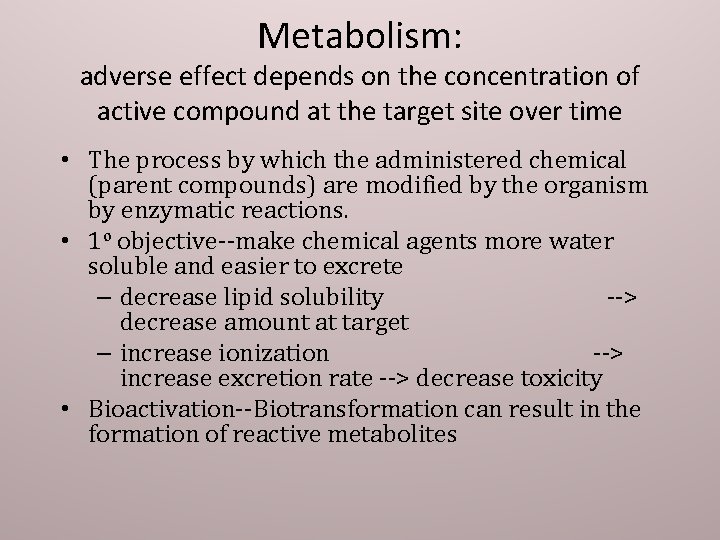 Metabolism: adverse effect depends on the concentration of active compound at the target site