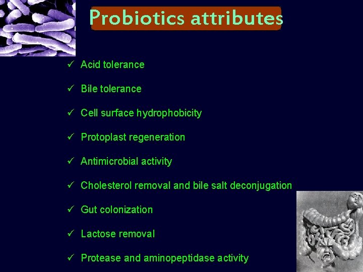 Probiotics attributes ü Acid tolerance ü Bile tolerance ü Cell surface hydrophobicity ü Protoplast
