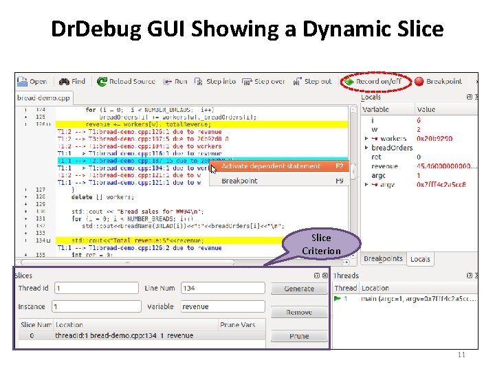 Dr. Debug GUI Showing a Dynamic Slice Criterion 11 
