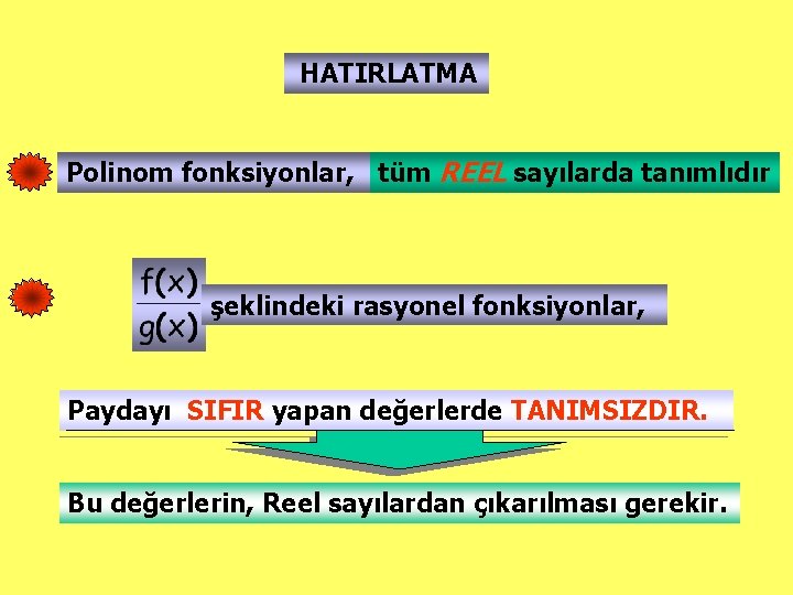 HATIRLATMA Polinom fonksiyonlar, tüm REEL sayılarda tanımlıdır şeklindeki rasyonel fonksiyonlar, Paydayı SIFIR yapan değerlerde