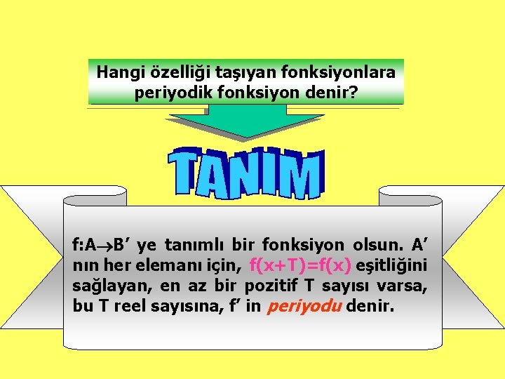 Hangi özelliği taşıyan fonksiyonlara periyodik fonksiyon denir? f: A B’ ye tanımlı bir fonksiyon