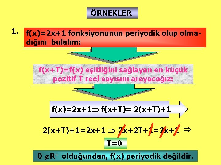 ÖRNEKLER 1. f(x)=2 x+1 fonksiyonunun periyodik olup olmadığını bulalım: f(x+T)=f(x) eşitliğini sağlayan en küçük