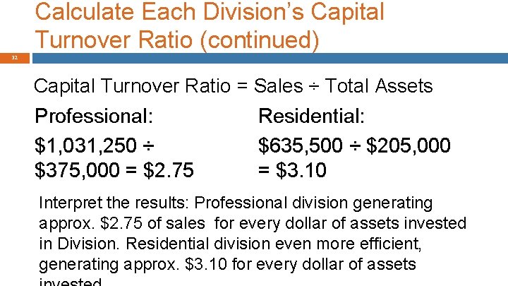 Calculate Each Division’s Capital Turnover Ratio (continued) 32 Capital Turnover Ratio = Sales ÷