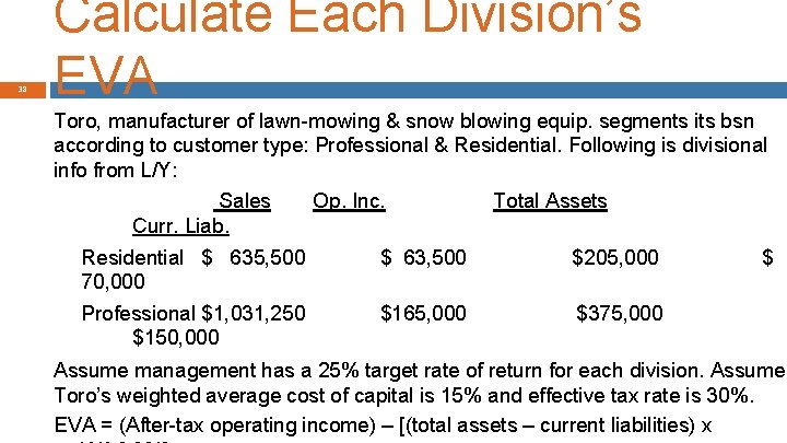 38 Calculate Each Division’s EVA Toro, manufacturer of lawn-mowing & snow blowing equip. segments
