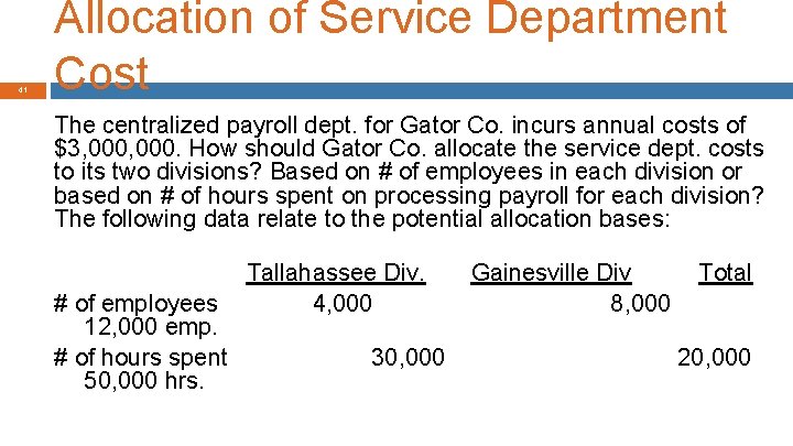 41 Allocation of Service Department Cost The centralized payroll dept. for Gator Co. incurs