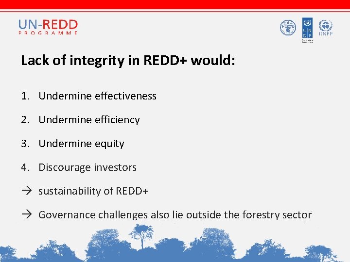 Lack of integrity in REDD+ would: 1. Undermine effectiveness 2. Undermine efficiency 3. Undermine