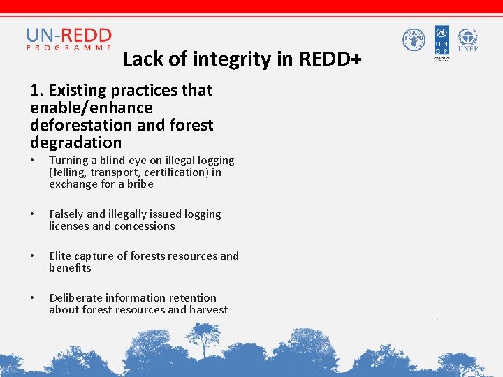 Lack of integrity in REDD+ 1. Existing practices that enable/enhance deforestation and forest degradation