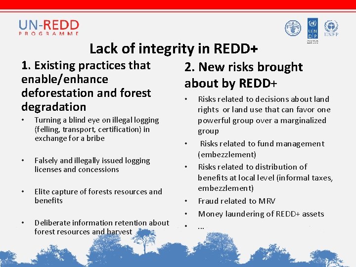 Lack of integrity in REDD+ 1. Existing practices that enable/enhance deforestation and forest degradation