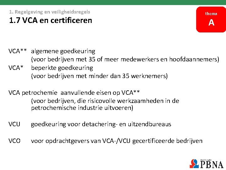 1. Regelgeving en veiligheidsregels 1. 7 VCA en certificeren thema A VCA** algemene goedkeuring