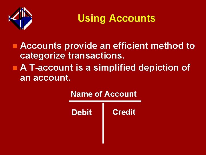 Using Accounts provide an efficient method to categorize transactions. n A T-account is a