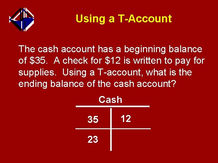 Using a T-Account The cash account has a beginning balance of $35. A check