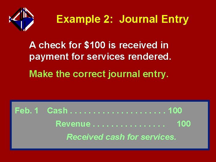 Example 2: Journal Entry A check for $100 is received in payment for services