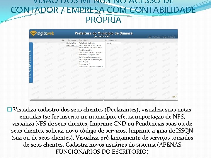 VISÃO DOS MENUS NO ACESSO DE CONTADOR / EMPRESA COM CONTABILIDADE PRÓPRIA � Visualiza