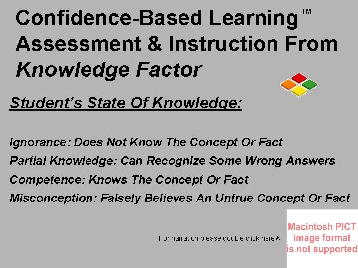 Confidence-Based Learning Assessment & Instruction From Knowledge Factor TM Student’s State Of Knowledge: Ignorance: