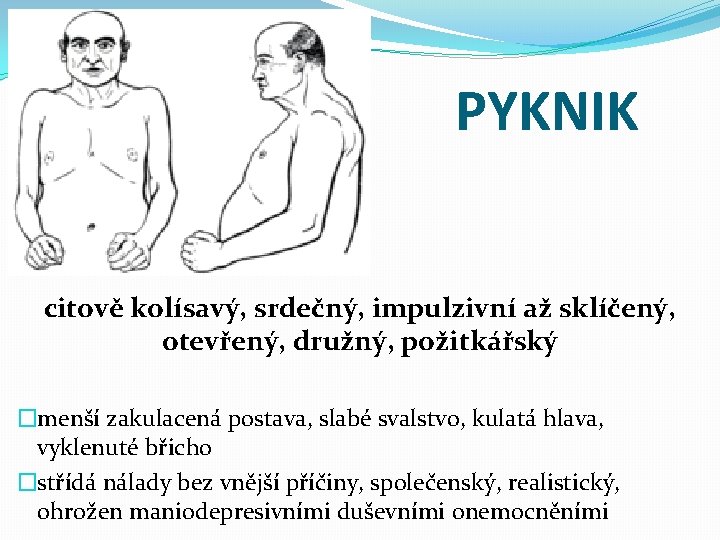 PYKNIK citově kolísavý, srdečný, impulzivní až sklíčený, otevřený, družný, požitkářský �menší zakulacená postava, slabé