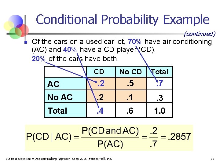 Conditional Probability Example (continued) n Of the cars on a used car lot, 70%