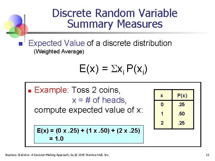 Discrete Random Variable Summary Measures n Expected Value of a discrete distribution (Weighted Average)