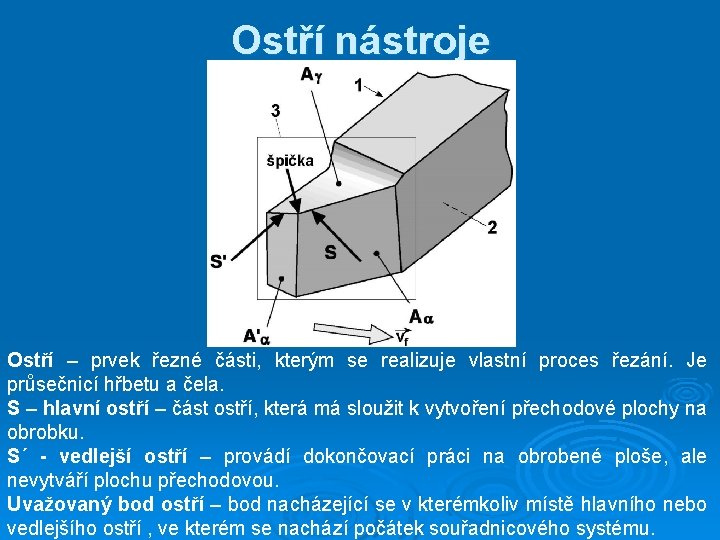 Ostří nástroje Ostří – prvek řezné části, kterým se realizuje vlastní proces řezání. Je