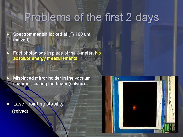 Problems of the first 2 days l Spectrometer slit locked at (? ) 100