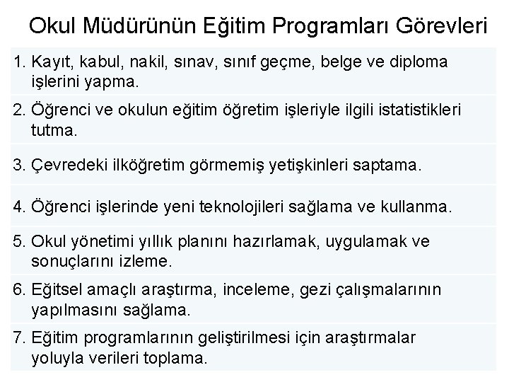 Okul Müdürünün Eğitim Programları Görevleri 1. Kayıt, kabul, nakil, sınav, sınıf geçme, belge ve