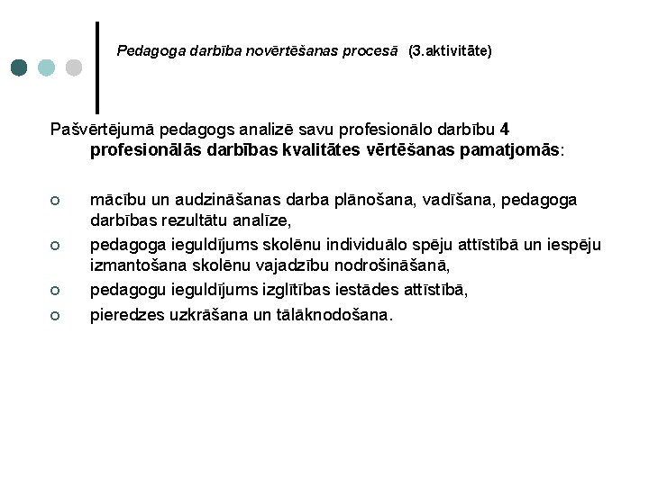  Pedagoga darbība novērtēšanas procesā (3. aktivitāte) Pašvērtējumā pedagogs analizē savu profesionālo darbību 4