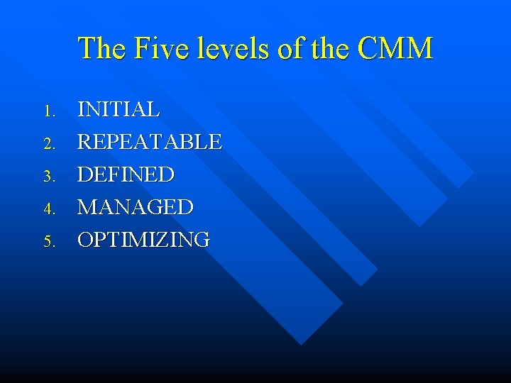 The Five levels of the CMM 1. 2. 3. 4. 5. INITIAL REPEATABLE DEFINED